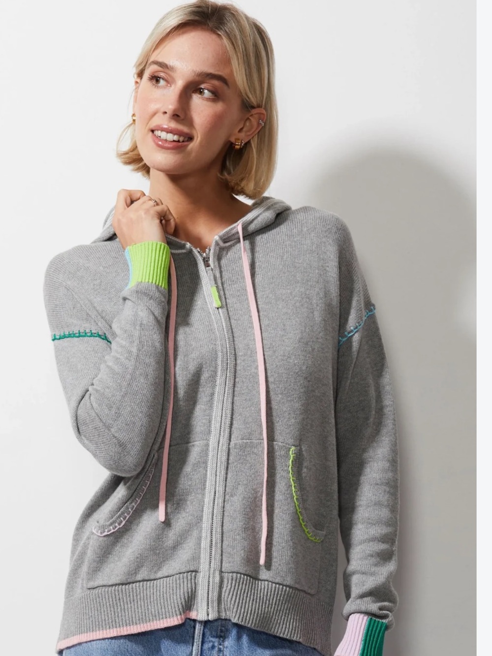 Zaket & Plover Gray Zip Hoodie Sweater Bright Contrast Trim, M, 21” PTP, 23” L